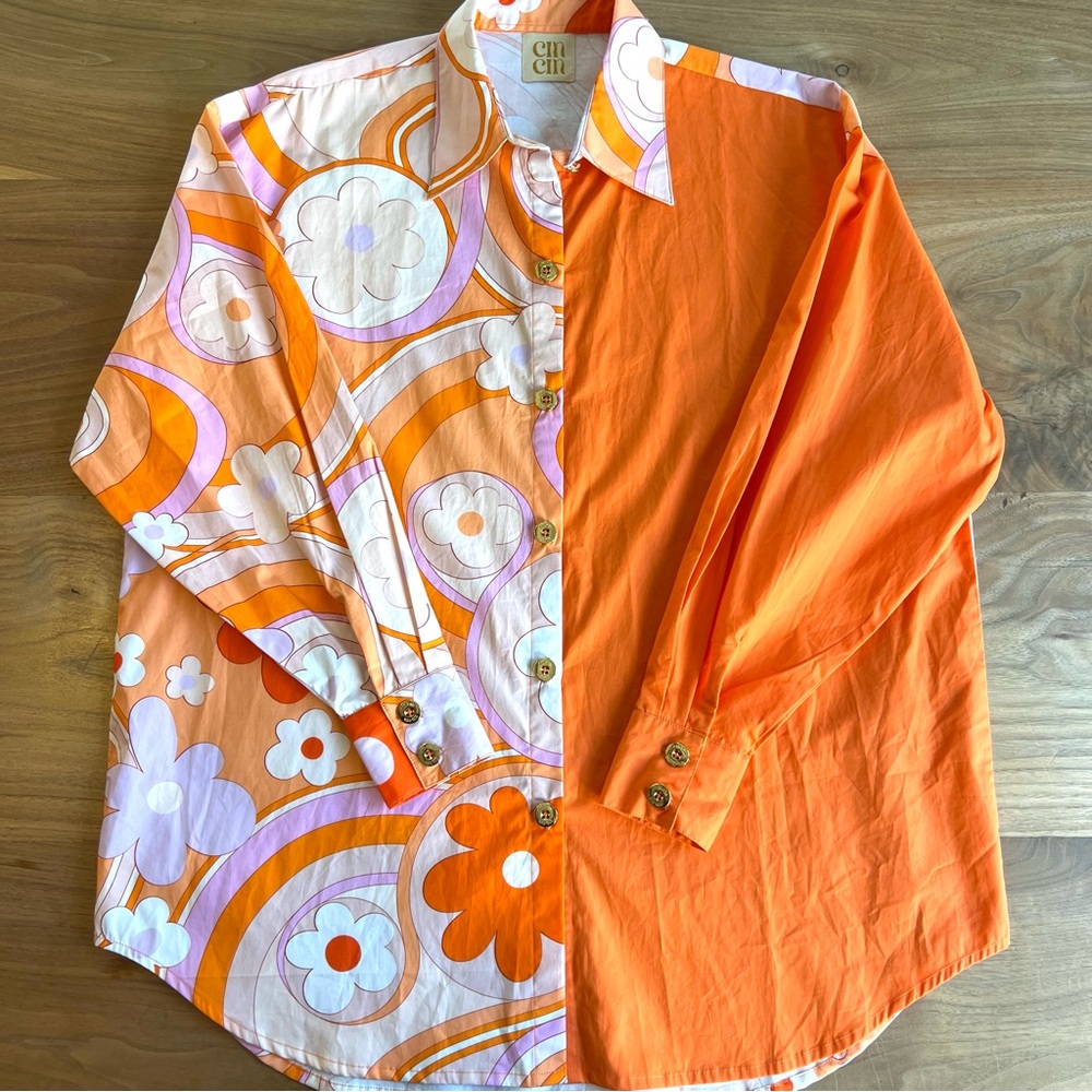 Cin Cin Shadow Bloom Orange and White Floral Button-Up Cotton Shirt Size Small - Picture 4 of 11